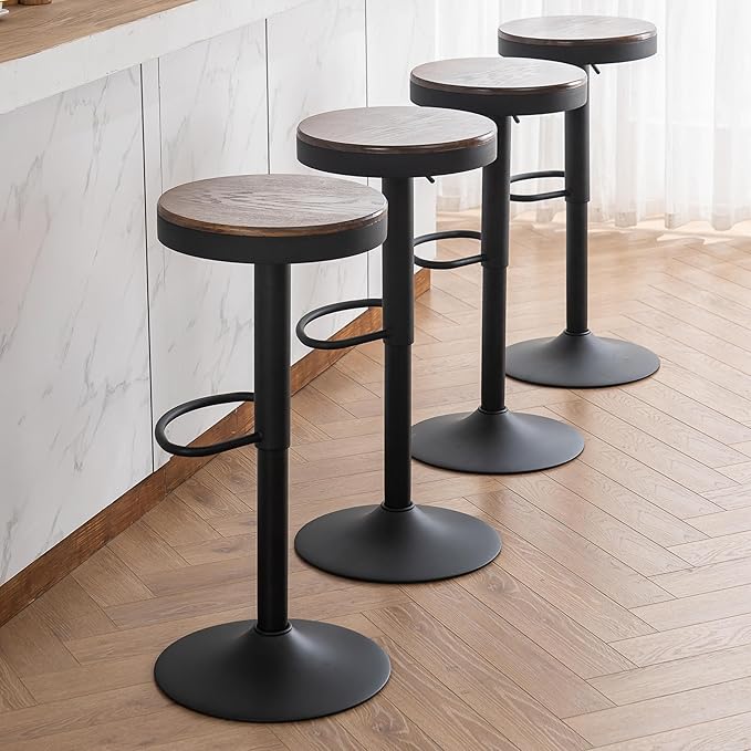 Kidol & Shellder Backless Counter Stools Set of 2 Swivel Adjustable Height BarStools Round Walnut Wooden Seat Modern Armless Bar Chairs for Kitchen Island Dining Room Cafe (Black)