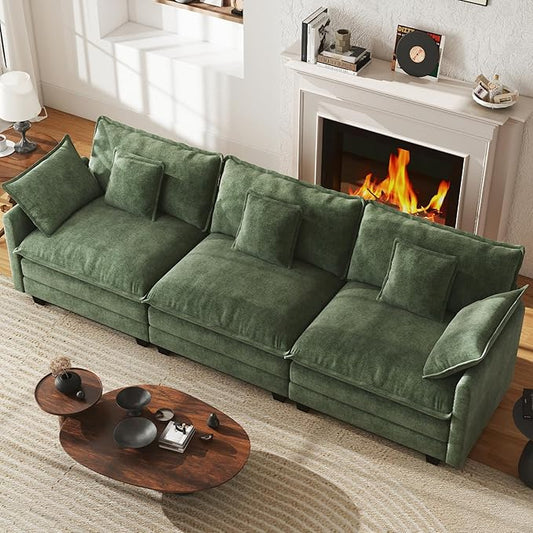 WorthFurni 111.4” Cloud Couch, Modular Sectional Sofa, Comfy Modern 3-Seater Couches with Pillows & Upholstered Deep Seat Cushion for Living Room Apartment Bedroom (Green)