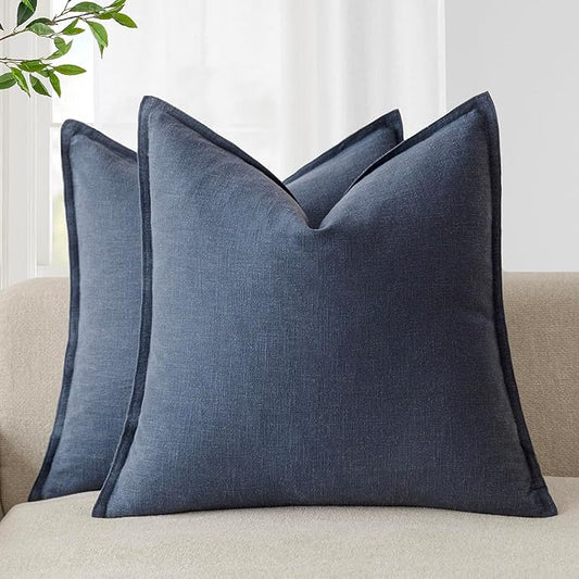 Foindtower Pack of 2, Decorative Linen Soild Throw Pillow Covers Soft Accent Square Cushion Case Boho Farmhouse Pillowcase for Chair Couch Sofa Bedroom Living Room Home Decor 16 x 16 Inch Navy Blue