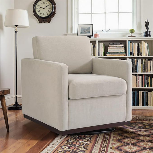 Pia Ricco Single Swivel Barrel Chair, Mid-Century Modern Accent Armchair with Plush Chenille Upholstery for Living Room & Cozy Reading Nook, Sand