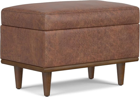 SIMPLIHOME Shiloh 26 inch Wide Transitional Contemporary Small Storage Ottoman in Distressed Saddle Brown Vegan Faux Leather, Assembled, for The Living Room, Entryway and Family Room