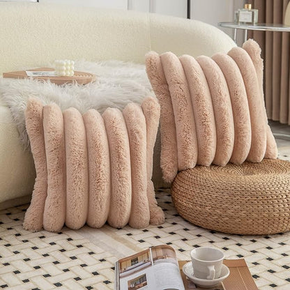 Neelvin Camel Faux Fur Cozy Soft Striped Decorative Throw Pillow Covers 24x24 inch Set of 2,Velvet Pillowcase Cushion Case for Sofa Couch