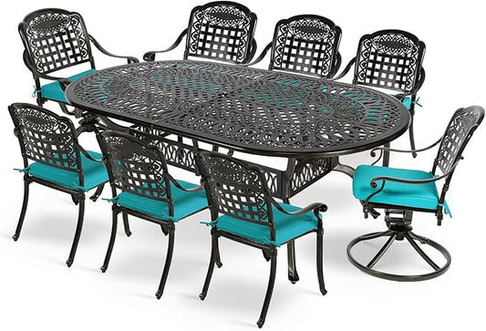 MEETWARM 9-Piece Outdoor Patio Dining Set, All-Weather Cast Aluminum Patio Conversation Set with 6 Stationary, 2 Swivel Rocker Chairs, 1 Oval Table, 8 Cushions, 2" Umbrella Hole, Ocean Blue
