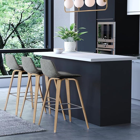 SIMPLIHOME Randolph Counter Stools (Set of 2) - 28 Inch Seat Height Upholstered Bentwood Kitchen Seats in Stone Grey PU Faux Leather, Mid Century Modern Seating with Curved Backrest and Footrest