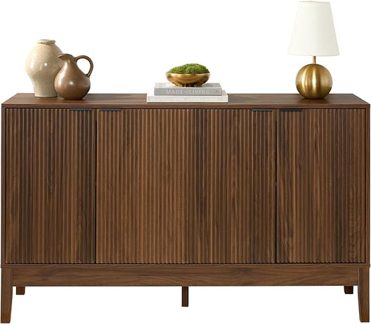 Best Choice Products 55" Modern 4-Door Sideboard Storage Cabinet, Buffet, Media Cabinet, Cupboard, Entryway Accent Table, Bookcase w/Reed Panels and Adjustable Shelves – Walnut