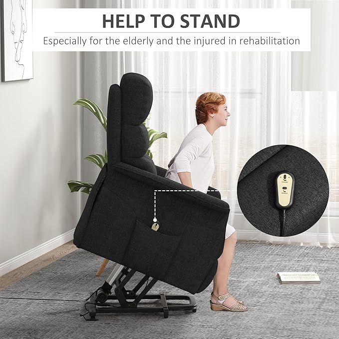 HOMCOM Power Lift Recliner Chair for Elderly, Easy Assembly, Fabric Lift Chair for Adults, Recliner Sofa with Remote Control, Side Pockets for Living Room, Black