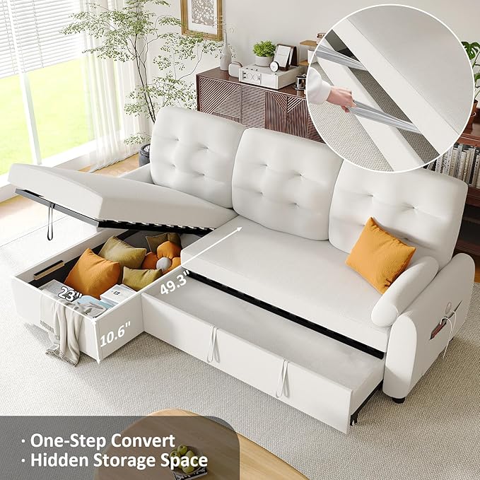 Ucloveria Sleeper Sofa Bed, 86" Convertible Sectional Sofa Couches for Living Room, Pull Out Couch Bed with Reversible Storage Chaise | USB Ports | Side Pockets | Removable Backrest