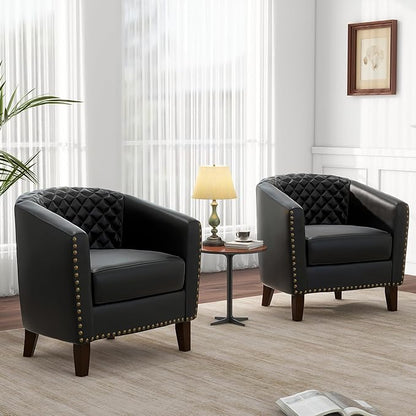Pia Ricco Faux Leather Barrel Chairs Set of 2, Modern Comfy Accent Chairs, Upholstered Armchair Club Chairs with Nailhead Trim, Single Sofa Barrel Chair for Living Room Reading Room, Black