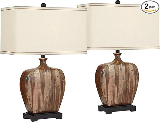 Possini Euro Design Julius Modern Rustic Style Table Lamps 27" Tall Set of 2 Ceramic Copper Drip Rectangular Fabric Shade Decor for Living Room Bedroom House Bedside Nightstand Home Office Reading