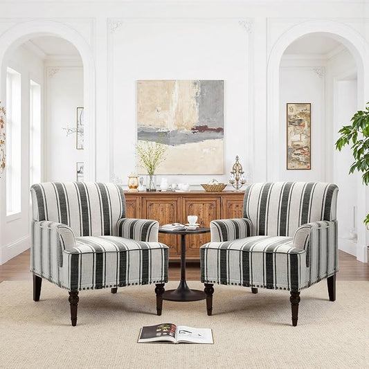 Pia Ricco Stripe Accent Chairs 2 Pack - Modern Nailhead Trim Armchairs with Wood Legs, Comfy Living Room Bedroom Home Office Seating-Black