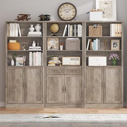 72'' Tall Bookcase with Doors, Adjustable Shelves, P2 MDF Construction, 32'' Wide Freestanding Cabinet with Metal Handles, Hidden Storage for Living Room, Bedroom, Grey