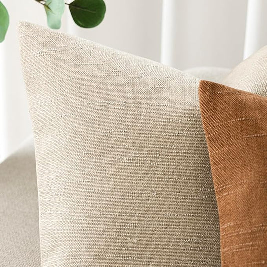 Foindtower Pack of 2 Soft Textured Chenille Throw Decorative Pillow Covers Square Accent Solid Cushion Cover Cozy Neutral Farmhouse Pillow Case for Couch Sofa Bedroom Living Room 22x22 Inch, Beige