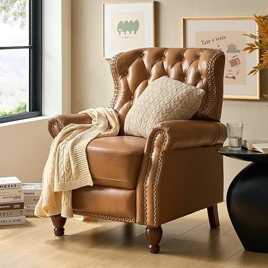 HULALA HOME Genuine Leather Manual Recliner Chair, Adjustable Tufted Push Back Reclining Sofa Armchair with Rivet Decoration & Solid Wood Legs, Modern Living Room Home Theater Seating, Camel