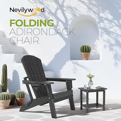 nevilywood Folding Adirondack Chair, Ergonomic Extended Backrest, HDPE All-Weather, 380lbs Capacity, Maintenance-Free, Cup Holder, （Black）- Outdoor Patio & Firepit Chair