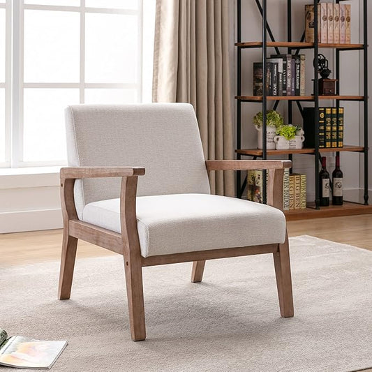 Mid Century Modern Accent Chair Set of 2, Linen Upholstered Living Room Accent Armchair with Wood Frame, Farmhouse Chair for Living Room Bedroom, Ivory