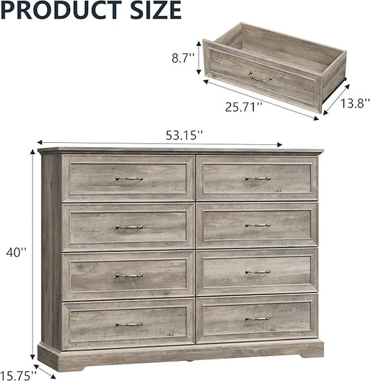 8 Drawer Dresser for Bedroom, 53" Wide Wooden Chest of Drawers, Rustic Farmhouse Dresser with Large Drawers & Metal Handles, Modern Storage Organizer for Closet, Living Room, Hallway, Grey
