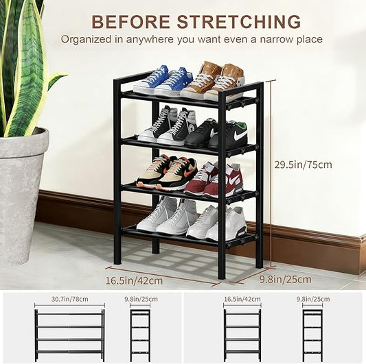 4-Tier Expandable Shoe Rack, Adjustable Shoe Shelf Storage Organizer Heavy Duty Metal Free Standing Shoe Rack for Entryway Closet Doorway (Black)
