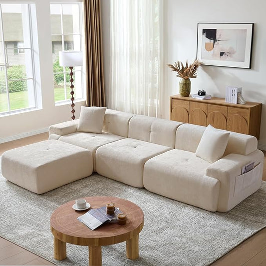 LIDYUK 118" Modern L-Shaped Boneless Couch Modular Sectional Sofa for Living Room, Chenille Upholstery Beige, Oversized 3-Seater Sectional Couch with Deep Seat and Movable Ottoman, No Assembly