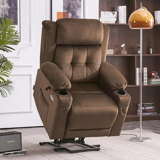 MCombo Small Triple Motor Power Lift Recliner Chair with Massage and Heat for Petite Elderly People, Adjustable Headrest, Infinite Position, USB Ports, Fabric 7664 (Brown, Small)
