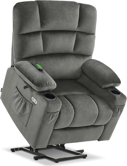 MCombo Dual Motor Power Lift Recliner Chair with Massage and Heat for Elderly People, Infinite Position, USB Ports, Cup Holders, Fabric 7679 (Medium, Grey)