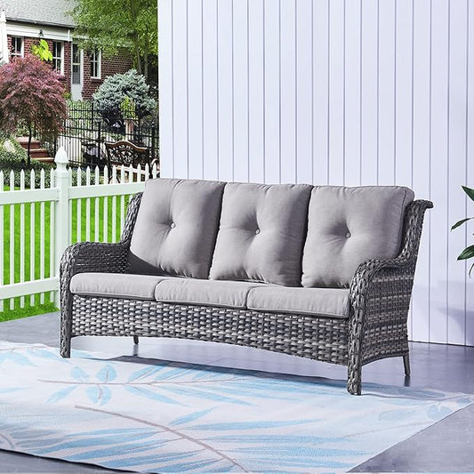 HUMMUH 4 Pieces Outdoor Furniture Patio Furniture Set Wicker Outdoor Sectional Sofa with Swivel Rocking Chairs,Outdoor Coffee Table,Grey/Grey