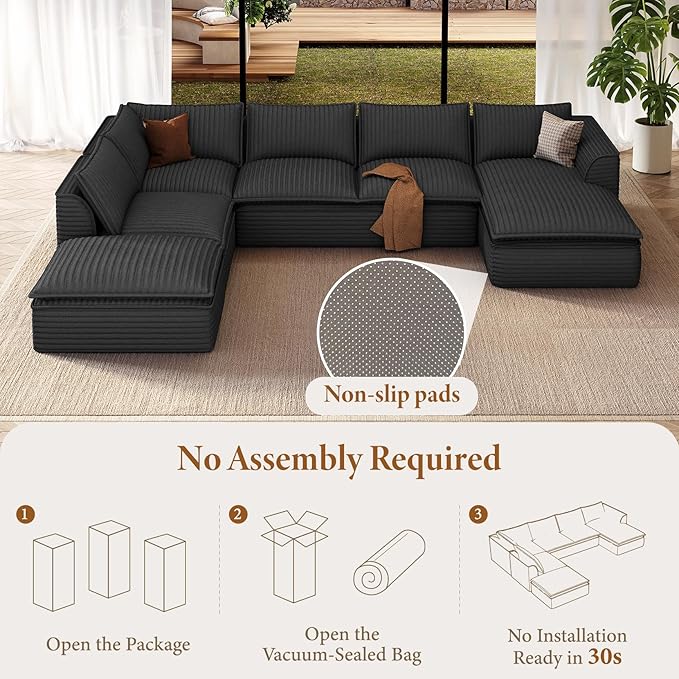 Vesgantti 141.7" Oversized Sectional Boneless Couch, 7 Seater Modular Sofa with Chaise & Ottoman & Armrest, Deep Seat Plush Corduroy Cloud Couch for Living Room, No Assembly Required, Dark Gray