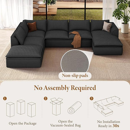 Vesgantti 204.7" Oversized Sectional Boneless Couch, Modern 9 Seater Modular Sofa with Chaise, Deep Seat Convertible Plush Corduroy Cloud Couches for Living Room, No Assembly Required, Dark Gray
