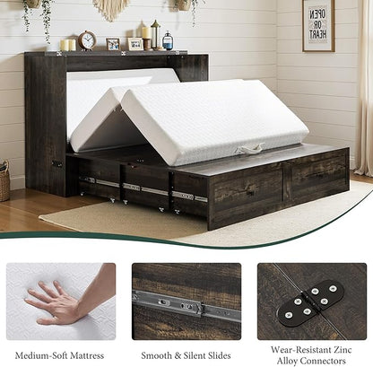 Queen Murphy Bed with 6" White Tri-Fold Memory Foam Mattress, Storage Drawer & Charging Station, Space-Saving Design for Home Office or Guest Room, Black Oak
