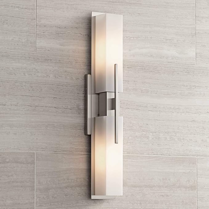 Possini Euro Design Midtown Mid Century Modern Wall Mount Light Brushed Nickel Silver Metal 23 1/2" Wide 2-Light Vanity Fixture Rectangular White Glass Decor for Bathroom Over Mirror House Home