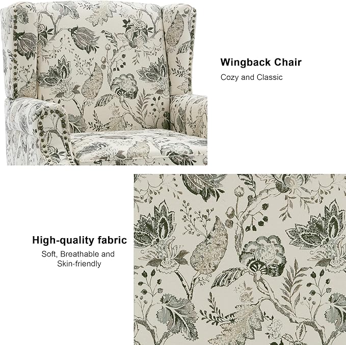 Accent Chair, Upholstered High Back Floral Armchair with Nailhead Trim & Wood Legs, Comfy Wingback Reading Single Sofa Chair for Small Spaces, Living Room, Bedroom ( Plants Beige Floral, Set of 2)