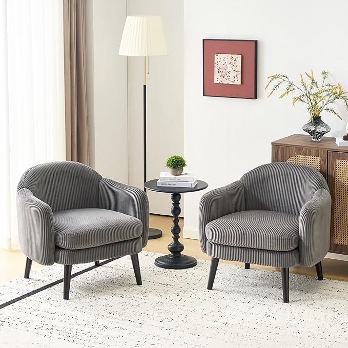 VINGLI 30.3" Wide Modern Barrel Accent Armchairs Set of 2 with Track Armrest, Solid Wooden Legs, Comfy Upholstered Club Chairs, Single Home Sofa for Living Room, Bedroom, Reading Room, Corduroy Grey