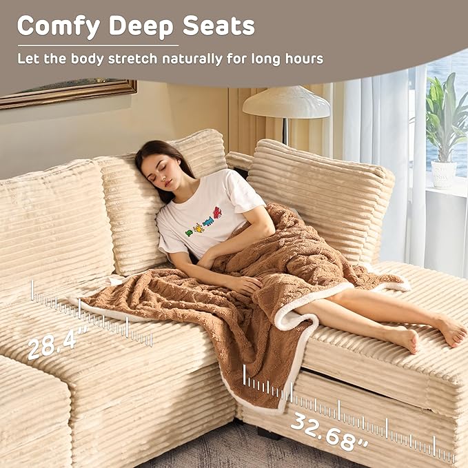 130'' Modern Modular Sectional Sofa with Movable Ottoman,5 Seats Cloud Comfort Corduroy Fluffy Couch,L Shaped Convertible Sofa Couch for Living Room,Beige