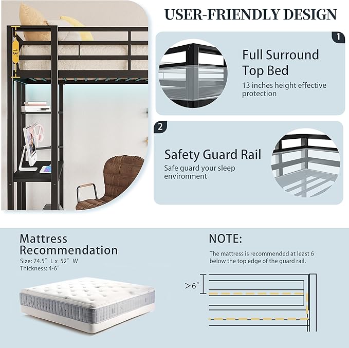SUNLEI Metal Loft Bed Frame with Desk, Full Size Loft Bed with 2 Built-in Ladders & Safety Guard, Noise Free for Small Bedroom, Classic Black