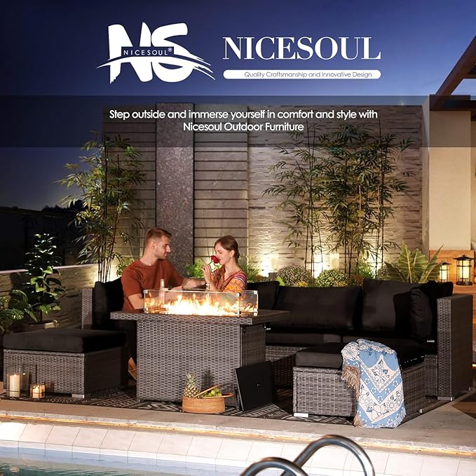 NICESOUL 7 Piece Modern Outdoor Patio Furniture Set, Extra Large Grey Wicker Patio Modular Conversations with Tables, All-Weather Deep Sofa Couches for Backyard Deck, 2 Color Cushion Black & Gray