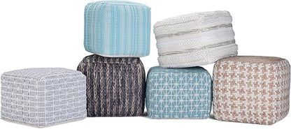 SIMPLIHOME Sommer Boho Square Pouf in Natural Handloom Woven Pattern for the Living Room, Bedroom and Kids Room