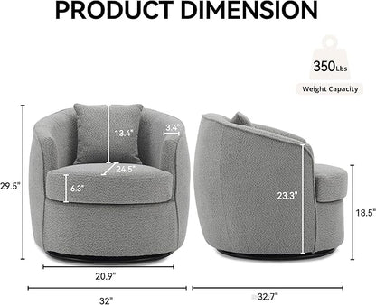 Swivel Accent Chair Set of 2, Modern Upholstered Boucle Barrel Arm Chairs with Pillow for Living Room, 360 Degree Round Swivel Sherpa Armchair with Round Base for Bedroom Club (2, Grey)