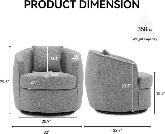 Swivel Accent Chair Set of 2, Modern Upholstered Boucle Barrel Arm Chairs with Pillow for Living Room, 360 Degree Round Swivel Sherpa Armchair with Round Base for Bedroom Club (2, Grey)