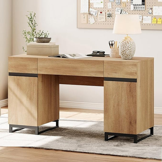WAMPAT 59" Modern Executive Desk with Drawers, Home Office Computer Desk with Charging Station, File Drawer, Storage Cabinet, Wood Writing Desk for Work and Study, Oak