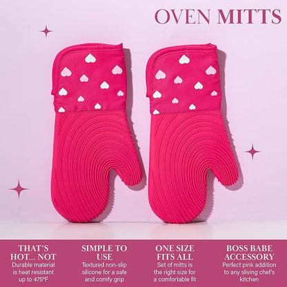 Paris Hilton Oven Mitt Set with Heart Design, Heat Resistant Pot Holders Featuring Non-Slip Textured Silicone Grips, 2-Piece Set, Pink