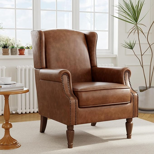 Accent Chair, Upholstered High Back Armchair with Nailhead Trim & Wood Legs, Comfy Wingback Reading Single Sofa Chair for Small Spaces, Living Room, Bedroom (Leather Brown, Set of 1)