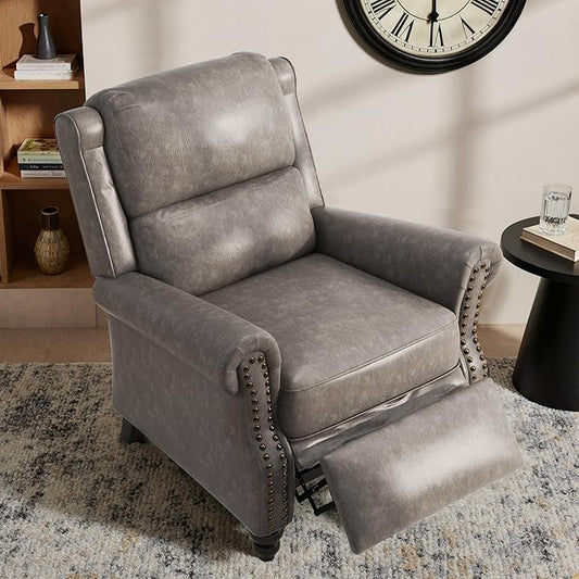 Lumibee Recliner Chair, Wingback Recliner Chair for Living Room, Modern Upholstered Faux Leather Pushback Armchair with Adjustable Backrest & Footrest for Small Spaces,Bedroom-Gray