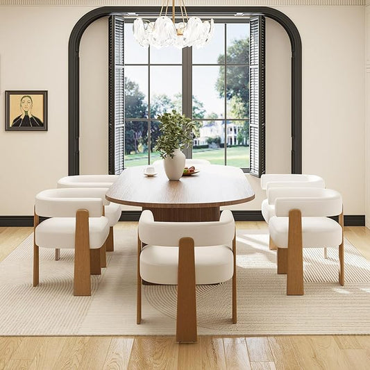 Upholstered White Velvet Dining Chairs Set of 6, Boho Modern Barrel Accent Armchairs, Thick Padded Seat & Natural Wooden Legs, Mid Century Inspired Kitchen/Dining Room Chairs, Creamy White