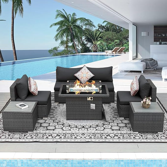 NICESOUL 7 Piece Outdoor Sectional Sofa Set with Fire Pit Natural Gas/Propane, 29.3'' High Back Comfortable Oversized Patio Wicker Furniture Set, Heavy Duty Conversations for Garden Backyard, Gray