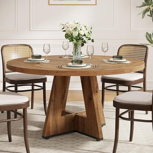 Tribesigns Round Dining Table for 4, 47 inch Farmhouse Circle Kitchen Table with Wooden Pedestal Base for Kitchen, Dining Room, Living Room (Wood)