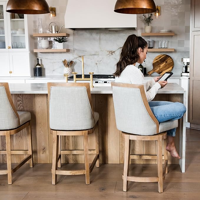 Maven Lane Vienna Counter Stools 26 Inches – Set of 4 – Swivel Stools with Footrests – Brown Solid Wood and Natural Fabric Upholstery – Ideal for Kitchen Islands and Counters