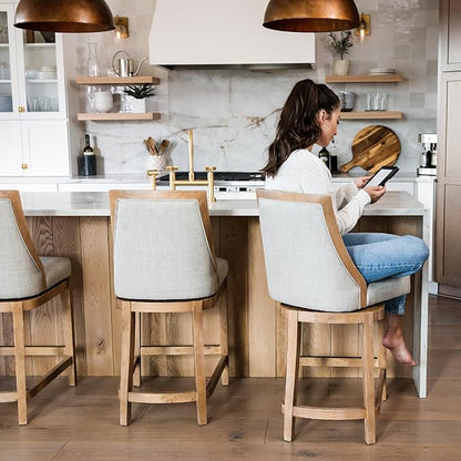 Maven Lane Vienna Counter Stools 26 Inches – Set of 4 – Swivel Stools with Footrests – Brown Solid Wood and Natural Fabric Upholstery – Ideal for Kitchen Islands and Counters