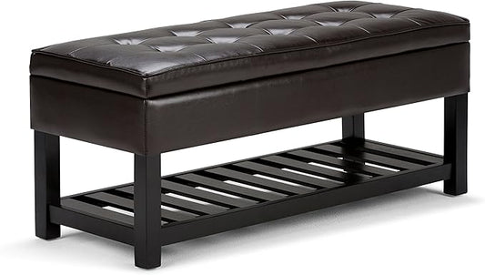 SIMPLIHOME Cosmopolitan 44 inch Wide Transitional Rectangle Storage Ottoman Bench with Open Bottom in Tanners Brown Vegan Faux Leather, Assembled for the Living Room and Bedroom