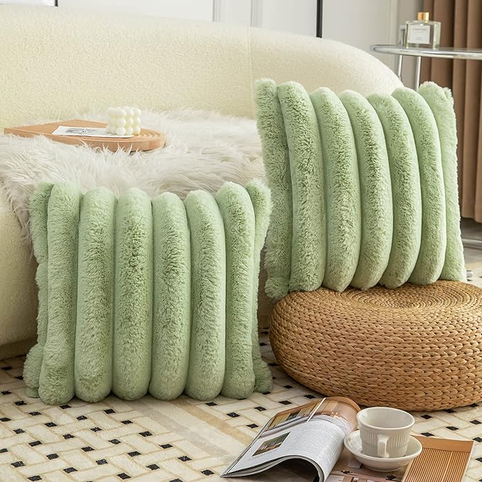 Neelvin Green Faux Fur Cozy Soft Striped Decorative Throw Pillow Covers 18x18 inch Set of 2,Velvet Pillowcase Cushion Case for Sofa Couch