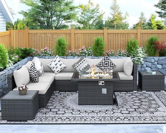 NICESOUL 9 Piece Patio Set with Firepits Natural Gas/Propane, 29.3'' High Back Comfortable L Shape Outdoor Conversations, XL Large Size Deep Seated Wicker Sectional Sofa Furniture Set, Gray