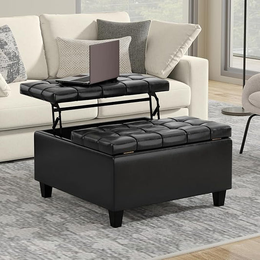 SIMPLIHOME Harrison 30 inch Wide Transitional Square Small Coffee Table Storage Ottoman in Midnight Black Vegan Faux Leather, Assembled, for The Living Room and Bedroom